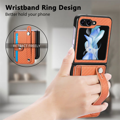 Card Slot Phone Cover for Samsung Galaxy Z Flip5 5G Carbon Fiber Texture PU Leather PC Phone Case with Kickstand