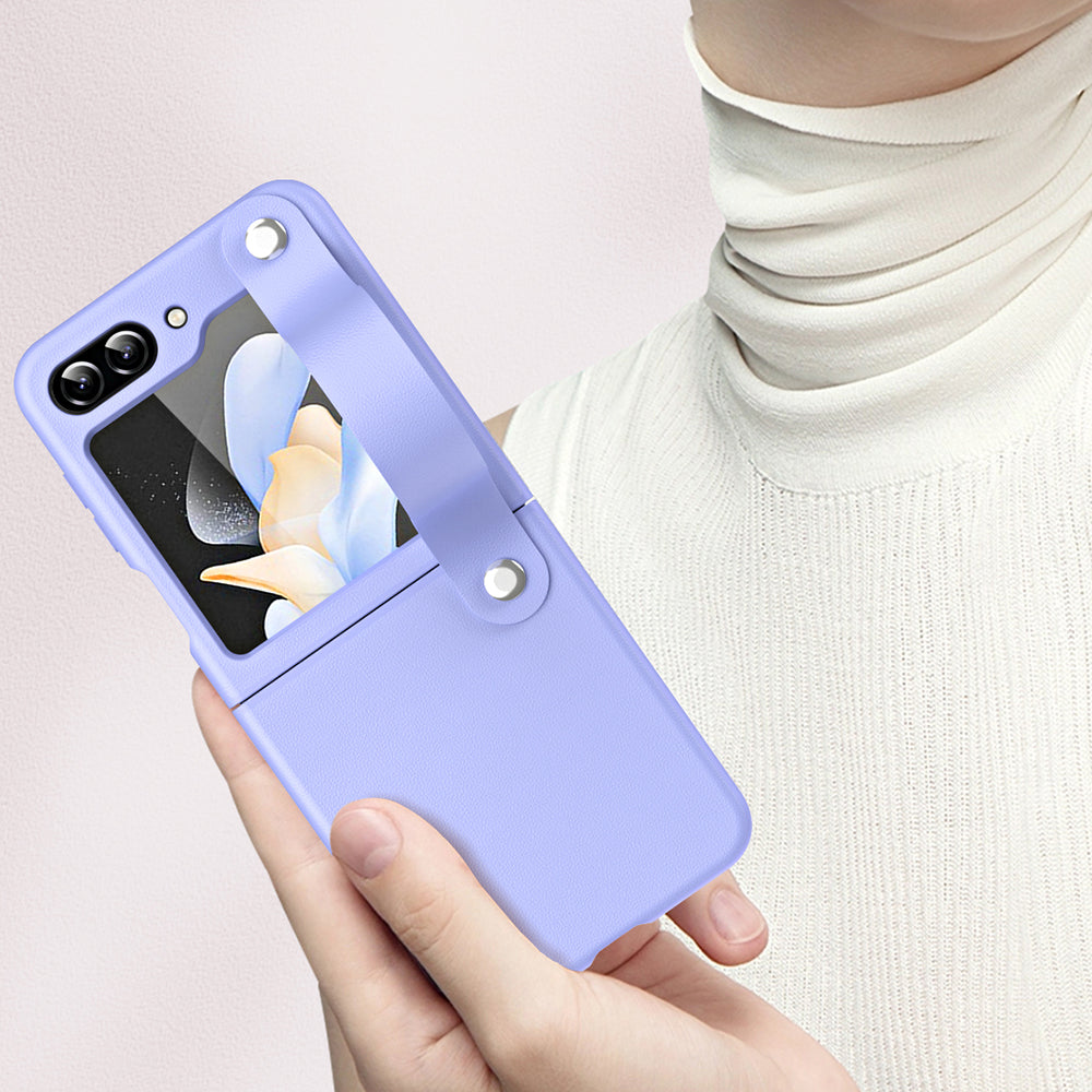 Slim Case for Samsung Galaxy Z Flip5 5G Protective PU Leather PC Phone Cover with Finger Strap