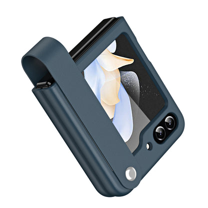 Slim Case for Samsung Galaxy Z Flip5 5G Protective PU Leather PC Phone Cover with Finger Strap