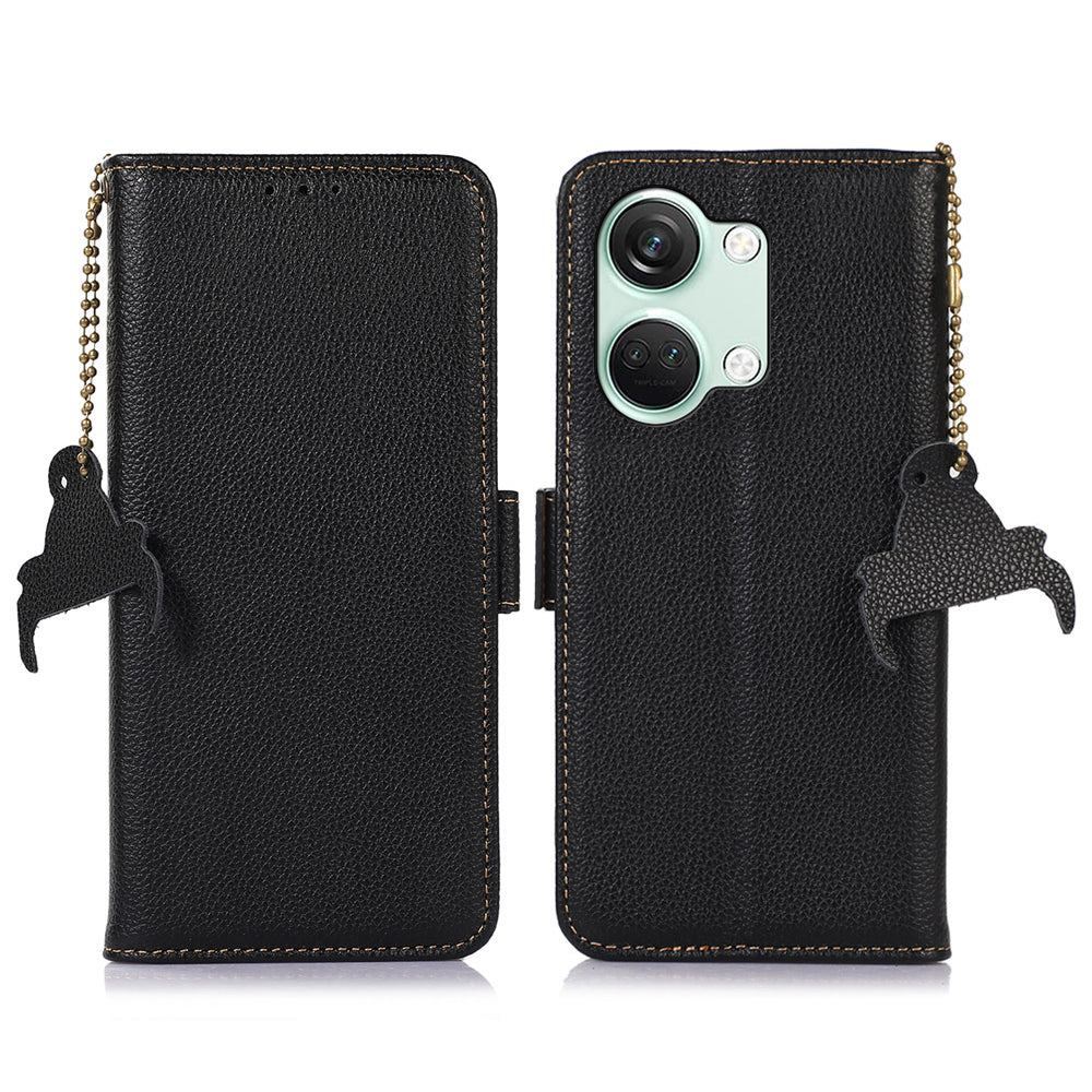 RFID Blocking Phone Case for OnePlus Nord 3 5G / Ace 2V , Genuine Cow Leather Stand Wallet Cover