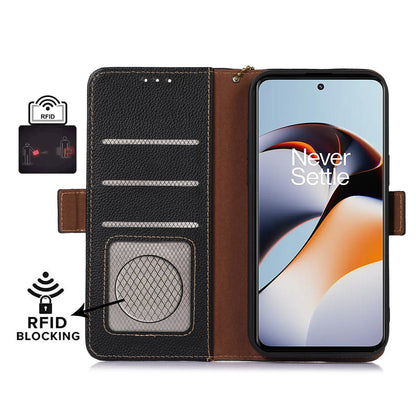 RFID Blocking Phone Case for OnePlus Nord 3 5G / Ace 2V , Genuine Cow Leather Stand Wallet Cover