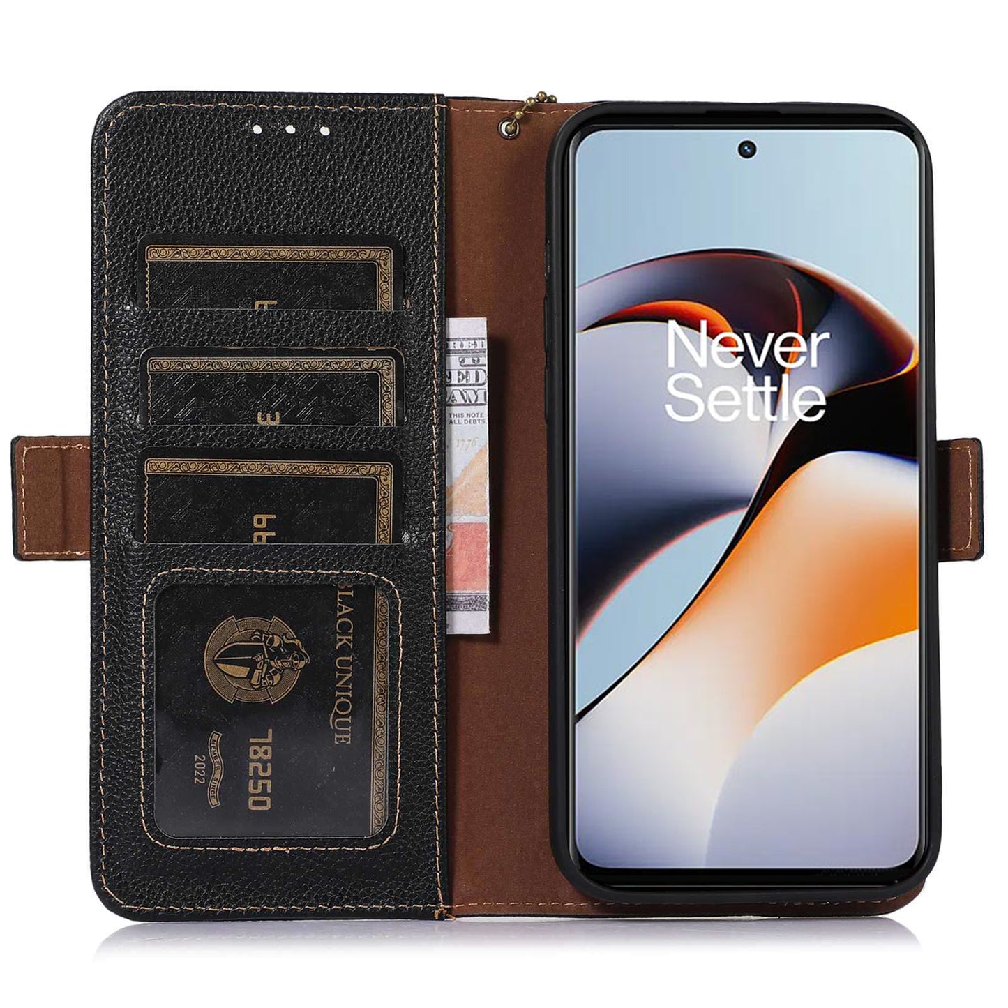 RFID Blocking Phone Case for OnePlus Nord 3 5G / Ace 2V , Genuine Cow Leather Stand Wallet Cover
