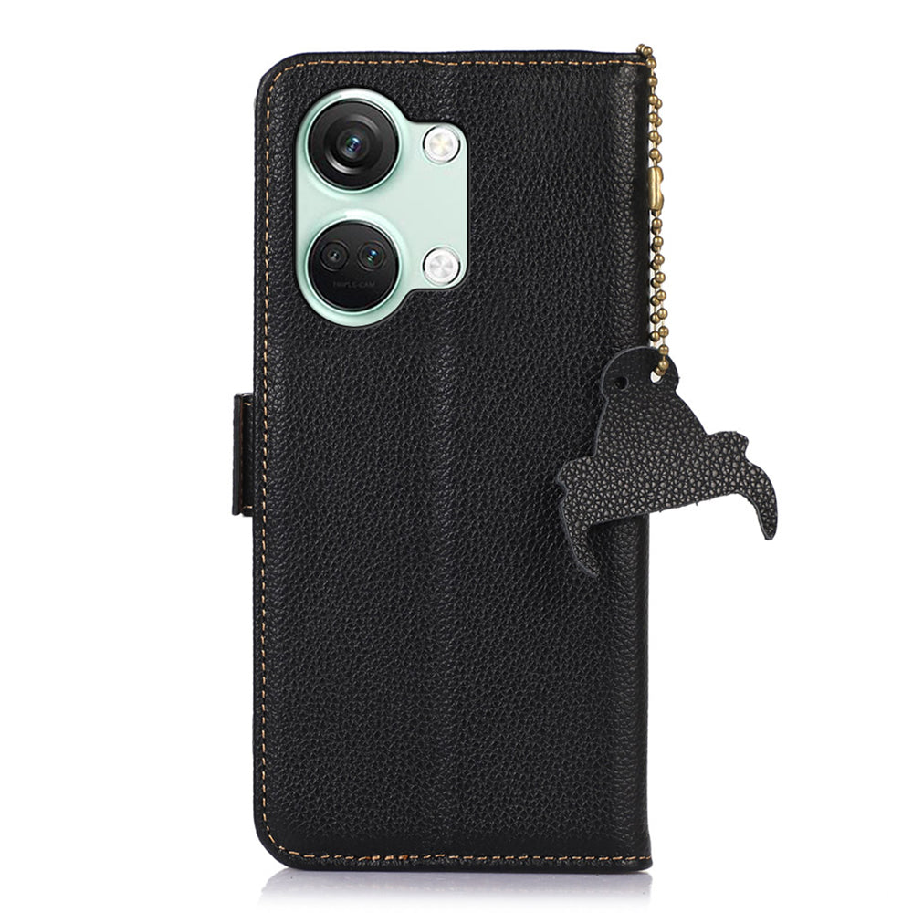 RFID Blocking Phone Case for OnePlus Nord 3 5G / Ace 2V , Genuine Cow Leather Stand Wallet Cover