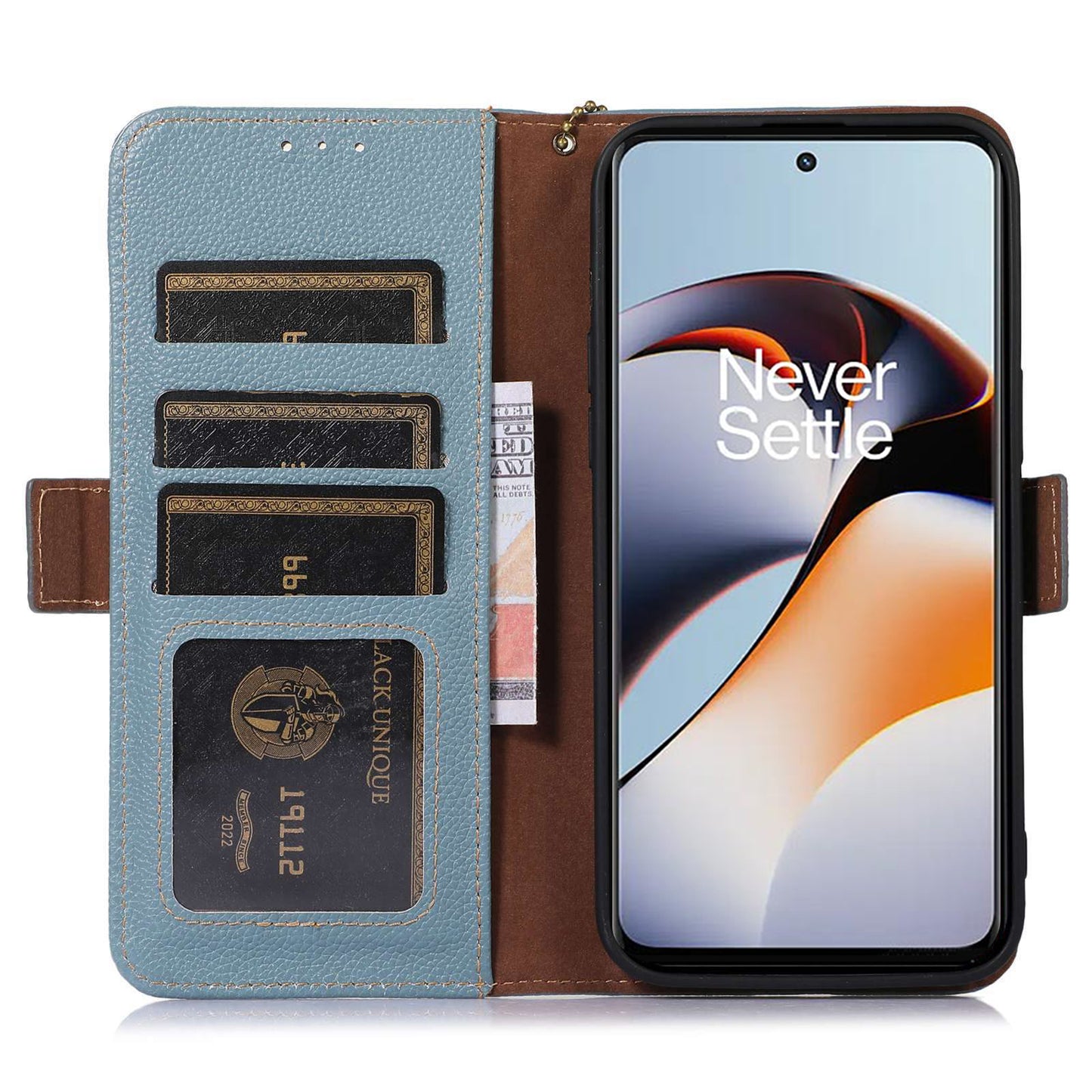 RFID Blocking Phone Case for OnePlus Nord 3 5G / Ace 2V , Genuine Cow Leather Stand Wallet Cover