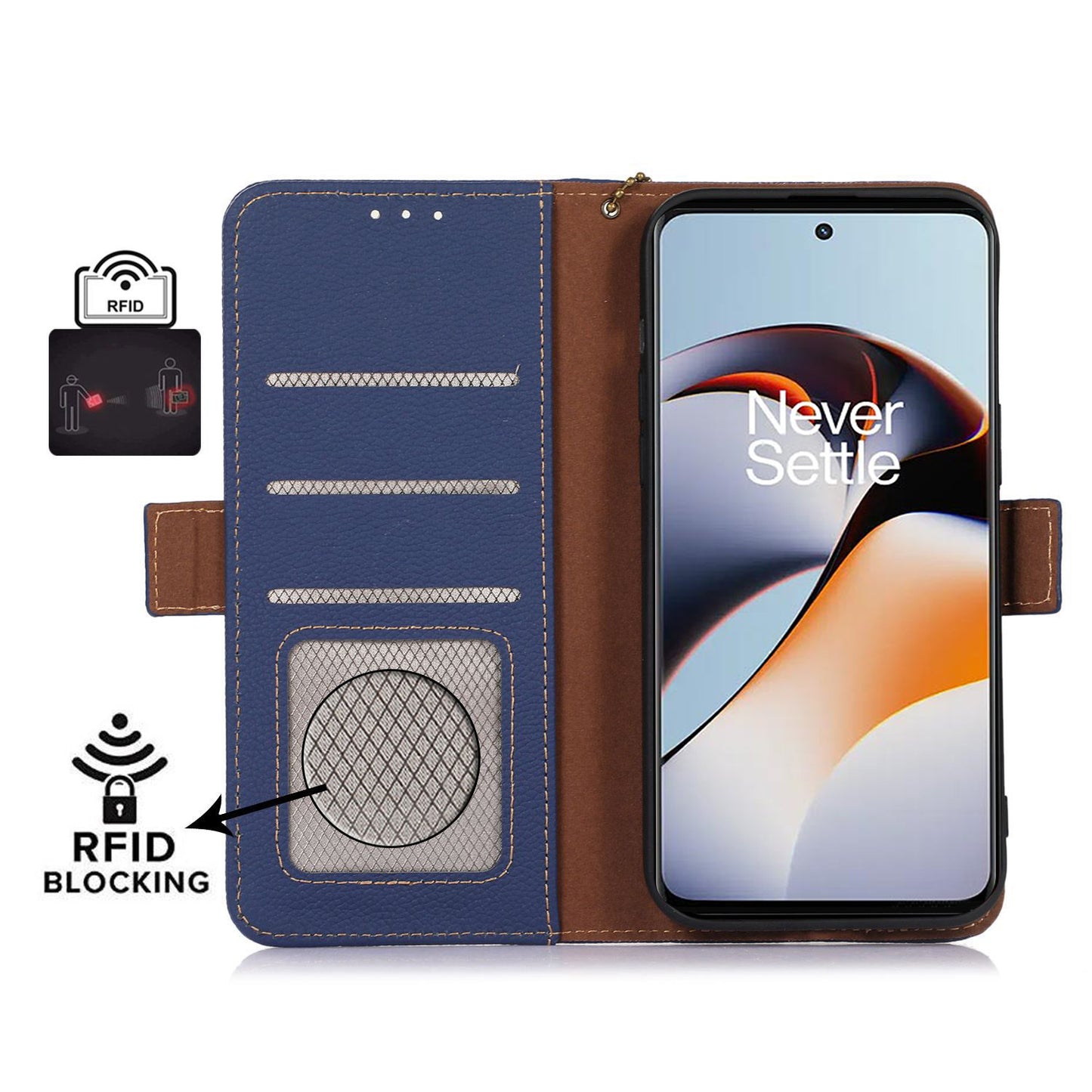 RFID Blocking Phone Case for OnePlus Nord 3 5G / Ace 2V , Genuine Cow Leather Stand Wallet Cover