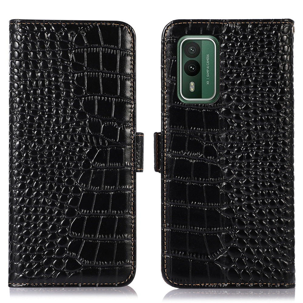 For Nokia XR21 Wallet Phone Case Genuine Cow Leather Crocodile Texture RFID Blocking Stand Cover