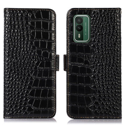 For Nokia XR21 Wallet Phone Case Genuine Cow Leather Crocodile Texture RFID Blocking Stand Cover