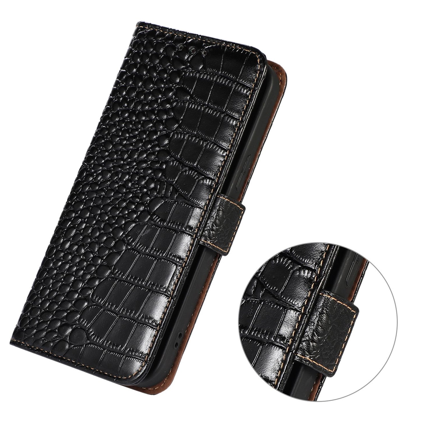 For Nokia XR21 Wallet Phone Case Genuine Cow Leather Crocodile Texture RFID Blocking Stand Cover