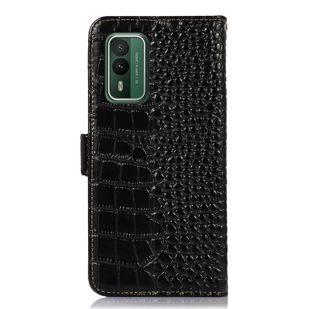 For Nokia XR21 Wallet Phone Case Genuine Cow Leather Crocodile Texture RFID Blocking Stand Cover