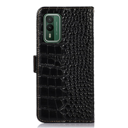For Nokia XR21 Wallet Phone Case Genuine Cow Leather Crocodile Texture RFID Blocking Stand Cover