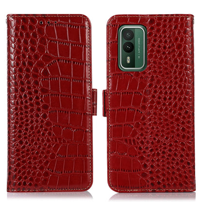 For Nokia XR21 Wallet Phone Case Genuine Cow Leather Crocodile Texture RFID Blocking Stand Cover