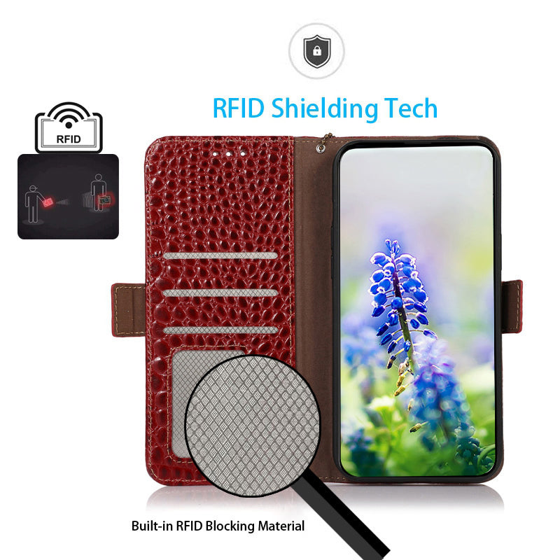 For Nokia XR21 Wallet Phone Case Genuine Cow Leather Crocodile Texture RFID Blocking Stand Cover