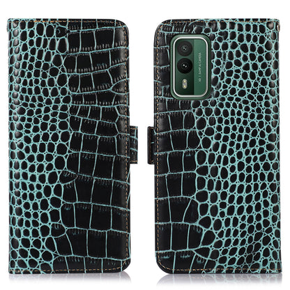 For Nokia XR21 Wallet Phone Case Genuine Cow Leather Crocodile Texture RFID Blocking Stand Cover