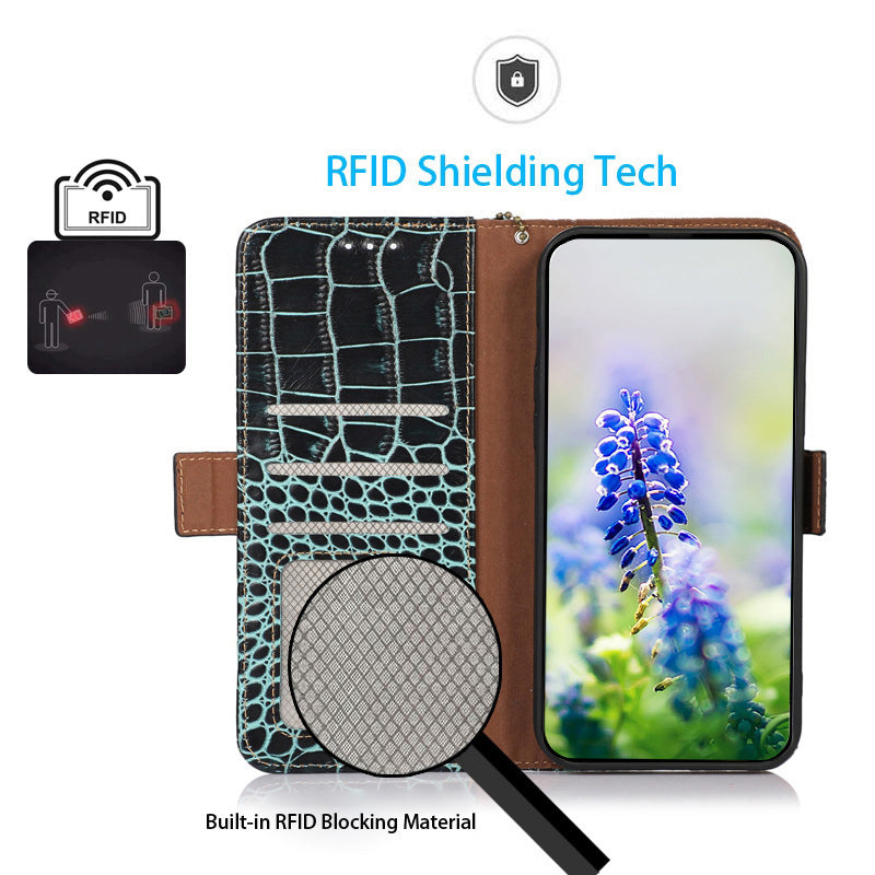 For Nokia XR21 Wallet Phone Case Genuine Cow Leather Crocodile Texture RFID Blocking Stand Cover