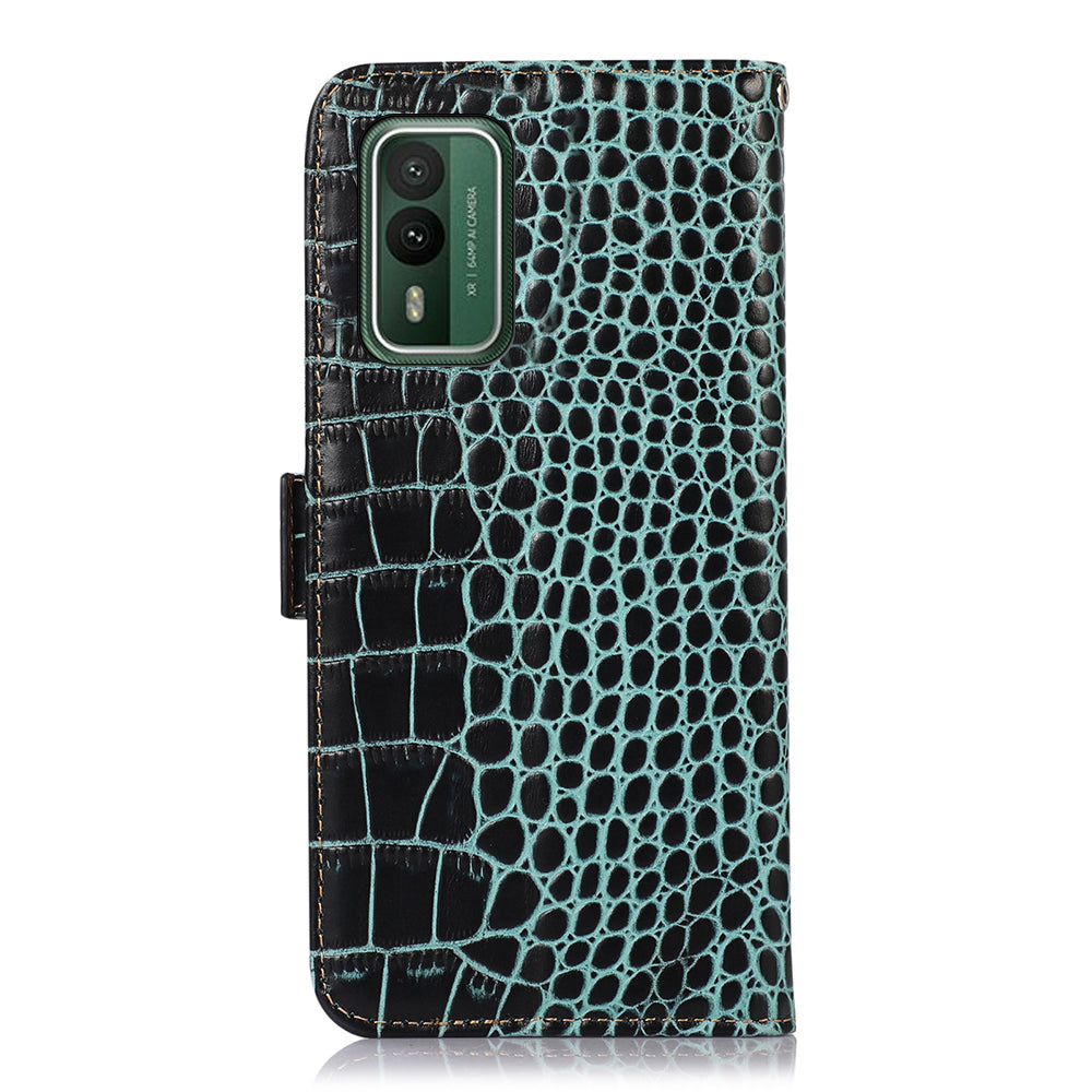 For Nokia XR21 Wallet Phone Case Genuine Cow Leather Crocodile Texture RFID Blocking Stand Cover