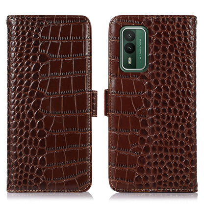 For Nokia XR21 Wallet Phone Case Genuine Cow Leather Crocodile Texture RFID Blocking Stand Cover
