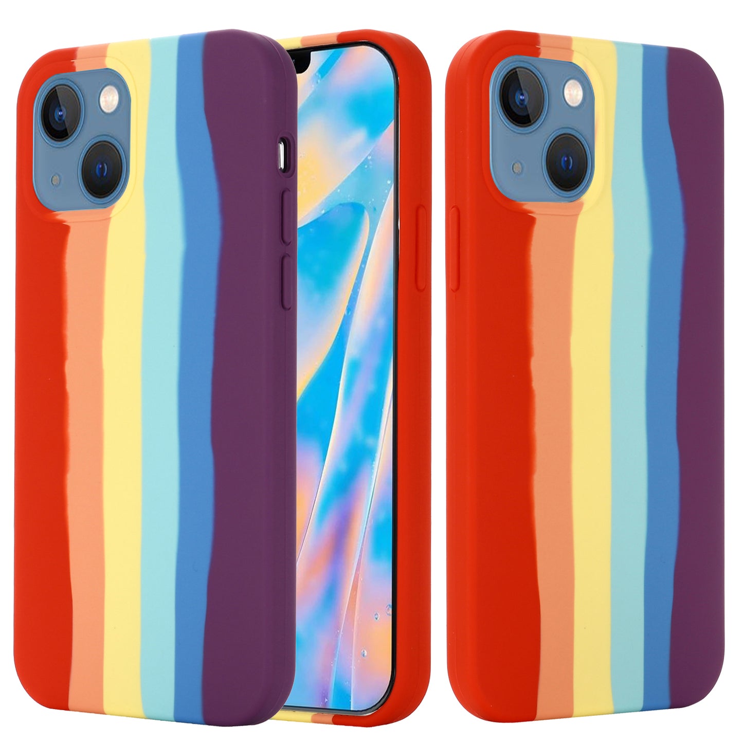 Phone Case for iPhone 15 Rainbow Rubberized Liquid Silicone+PC Fiber Lining Back Cover