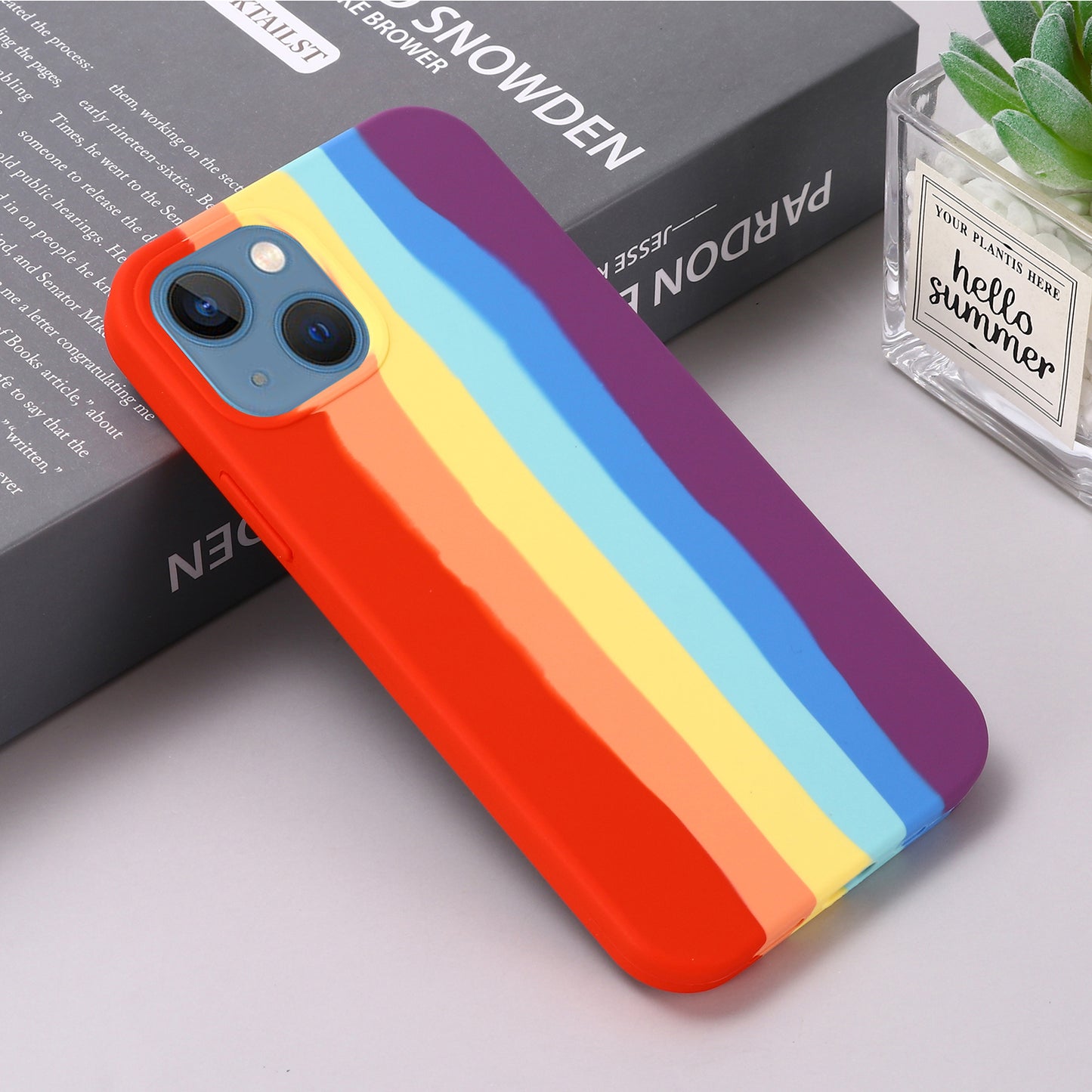 Phone Case for iPhone 15 Rainbow Rubberized Liquid Silicone+PC Fiber Lining Back Cover