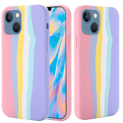Phone Case for iPhone 15 Rainbow Rubberized Liquid Silicone+PC Fiber Lining Back Cover