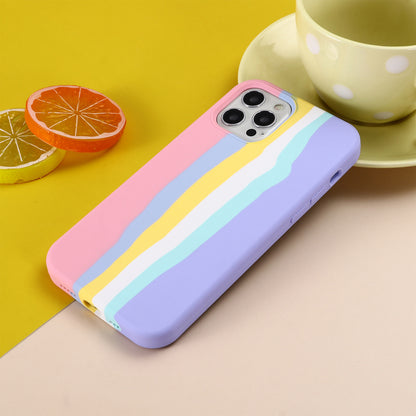 For iPhone 15 Pro Max Rainbow Rubberized Liquid Silicone+PC Anti-scratch Cover Fiber Lining Phone Case