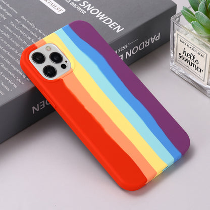 For iPhone 15 Pro Rainbow Rubberized Liquid Silicone+PC Cover Fiber Lining Shockproof Phone Case