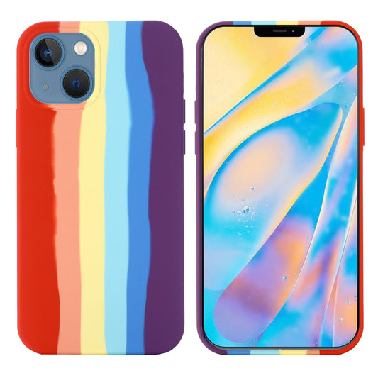 For iPhone 15 Plus Rainbow Rubberized Liquid Silicone+PC Back Cover Fiber Lining Phone Case