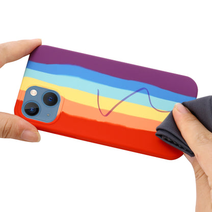 For iPhone 15 Plus Rainbow Rubberized Liquid Silicone+PC Back Cover Fiber Lining Phone Case
