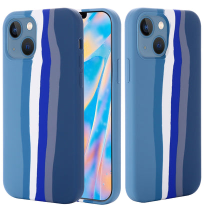 For iPhone 15 Plus Rainbow Rubberized Liquid Silicone+PC Back Cover Fiber Lining Phone Case