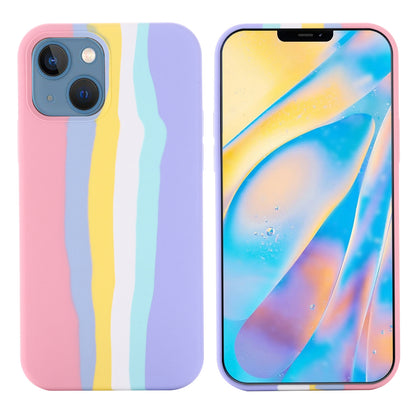 For iPhone 15 Plus Rainbow Rubberized Liquid Silicone+PC Back Cover Fiber Lining Phone Case