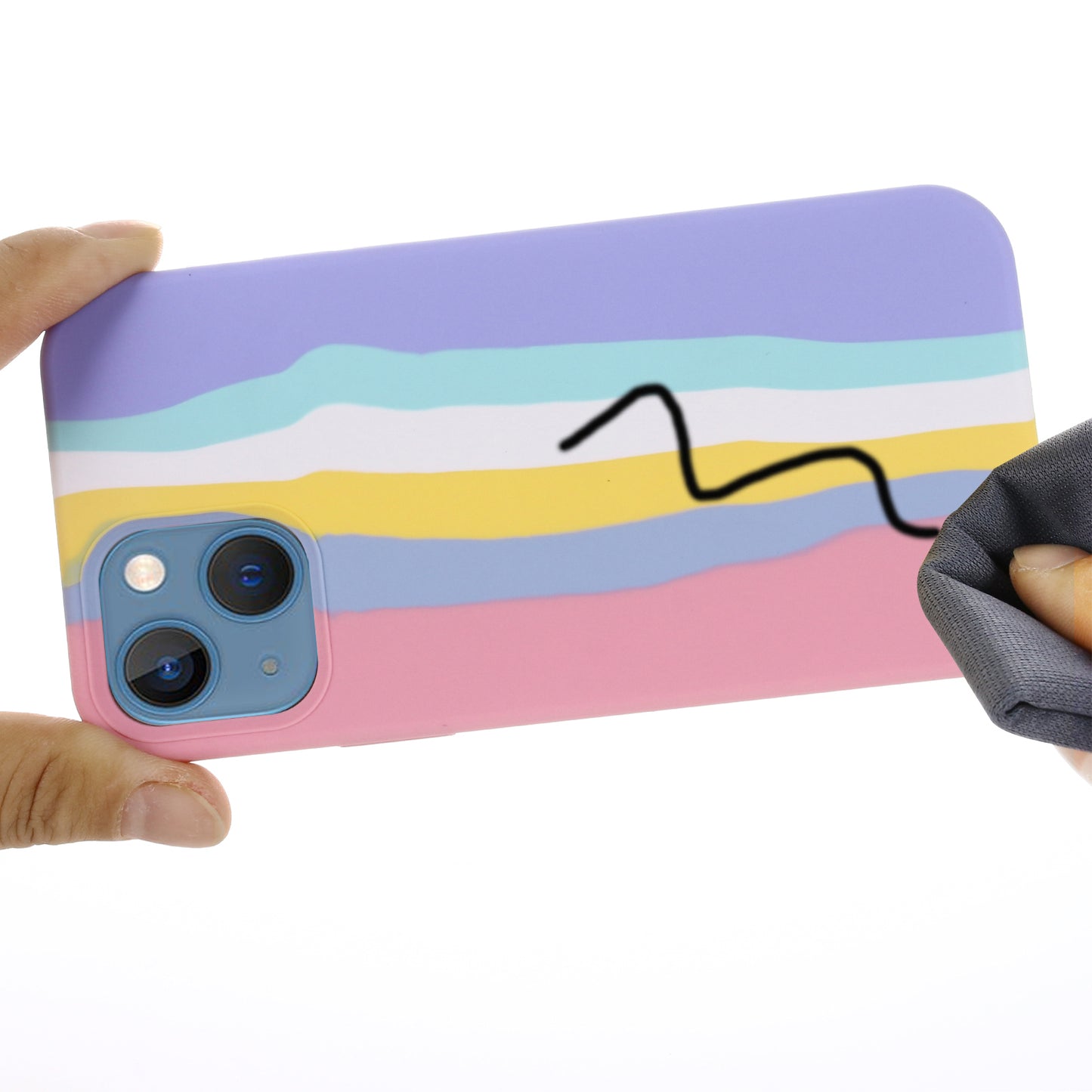 For iPhone 15 Plus Rainbow Rubberized Liquid Silicone+PC Back Cover Fiber Lining Phone Case