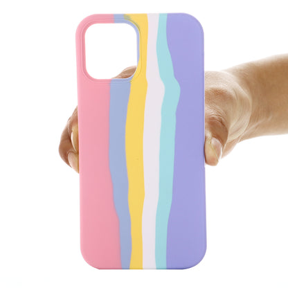 For iPhone 15 Plus Rainbow Rubberized Liquid Silicone+PC Back Cover Fiber Lining Phone Case