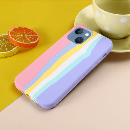 For iPhone 15 Plus Rainbow Rubberized Liquid Silicone+PC Back Cover Fiber Lining Phone Case