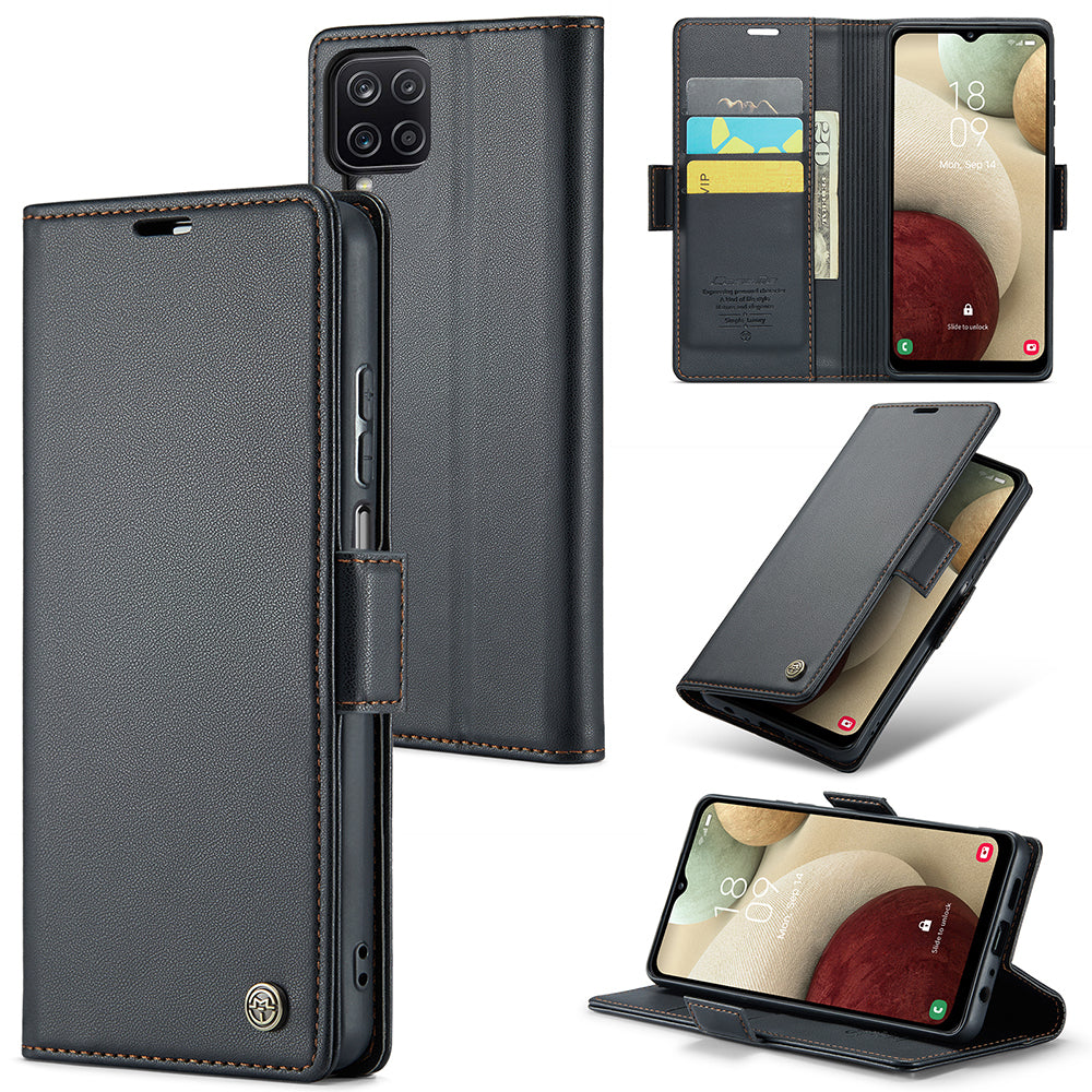 CASEME 023 Series For Samsung Galaxy A12 RFID Blocking Wallet Phone Case Side Clasp Leather Stand Cover