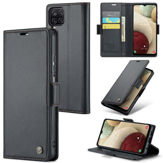 CASEME 023 Series For Samsung Galaxy A12 RFID Blocking Wallet Phone Case Side Clasp Leather Stand Cover