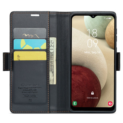 CASEME 023 Series For Samsung Galaxy A12 RFID Blocking Wallet Phone Case Side Clasp Leather Stand Cover