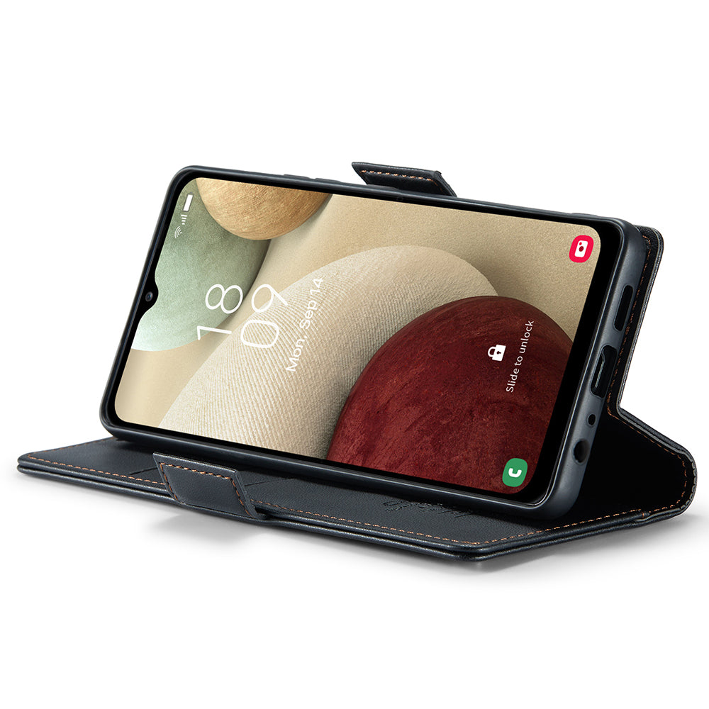 CASEME 023 Series For Samsung Galaxy A12 RFID Blocking Wallet Phone Case Side Clasp Leather Stand Cover