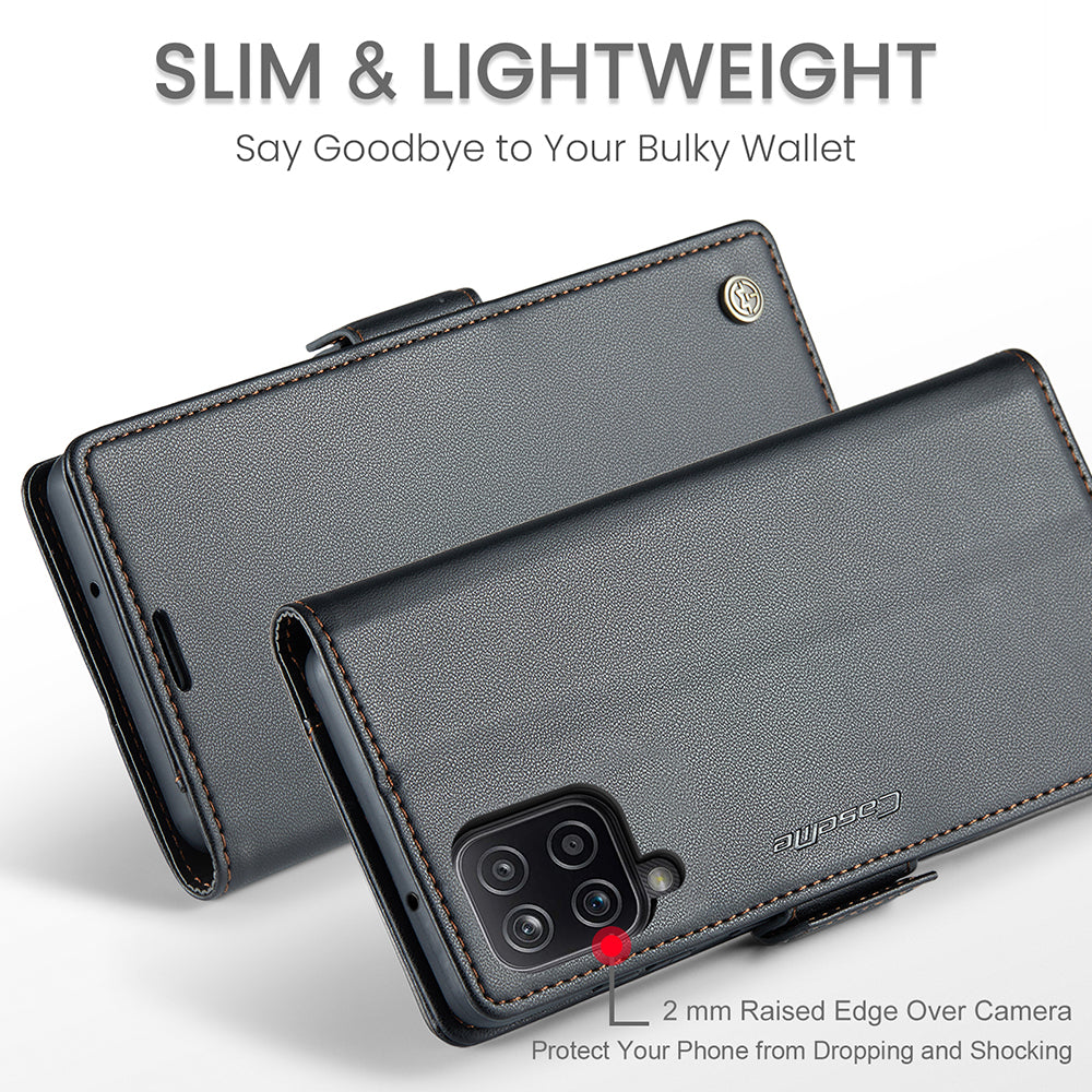 CASEME 023 Series For Samsung Galaxy A12 RFID Blocking Wallet Phone Case Side Clasp Leather Stand Cover