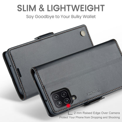 CASEME 023 Series For Samsung Galaxy A12 RFID Blocking Wallet Phone Case Side Clasp Leather Stand Cover