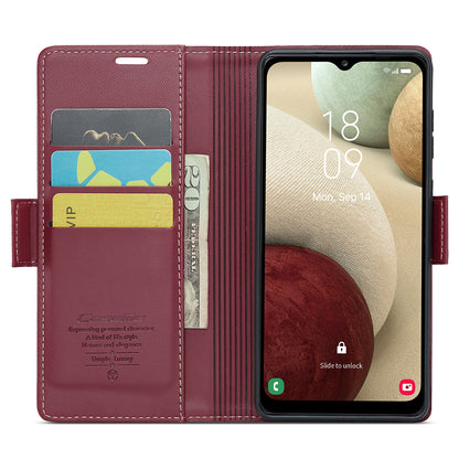 CASEME 023 Series For Samsung Galaxy A12 RFID Blocking Wallet Phone Case Side Clasp Leather Stand Cover