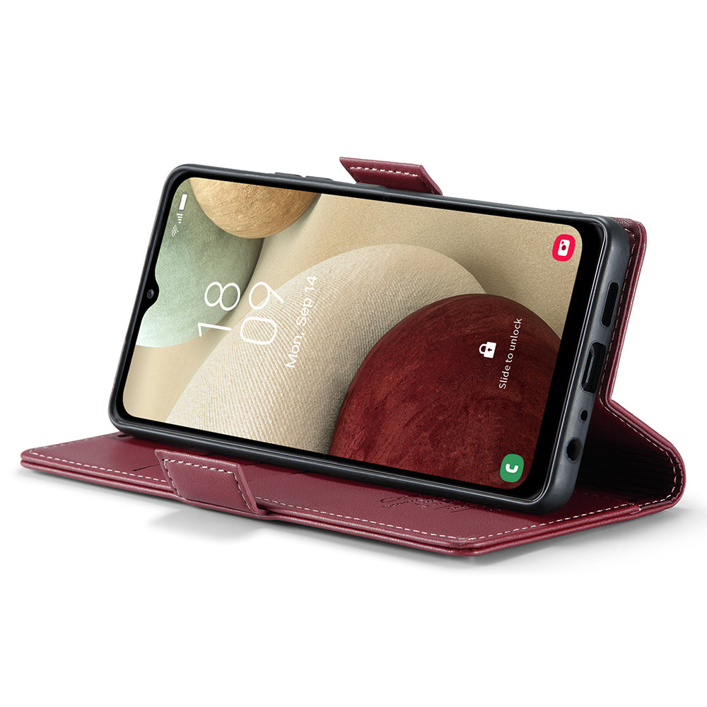 CASEME 023 Series For Samsung Galaxy A12 RFID Blocking Wallet Phone Case Side Clasp Leather Stand Cover