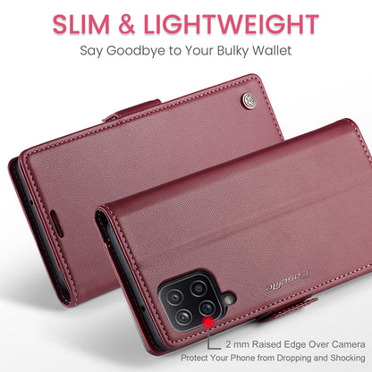 CASEME 023 Series For Samsung Galaxy A12 RFID Blocking Wallet Phone Case Side Clasp Leather Stand Cover
