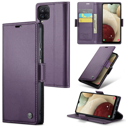 CASEME 023 Series For Samsung Galaxy A12 RFID Blocking Wallet Phone Case Side Clasp Leather Stand Cover