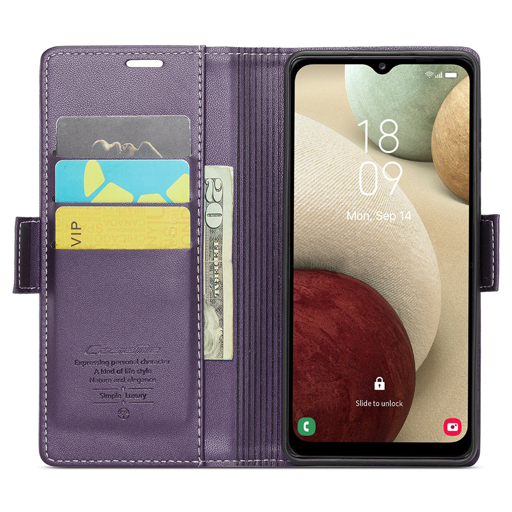 CASEME 023 Series For Samsung Galaxy A12 RFID Blocking Wallet Phone Case Side Clasp Leather Stand Cover