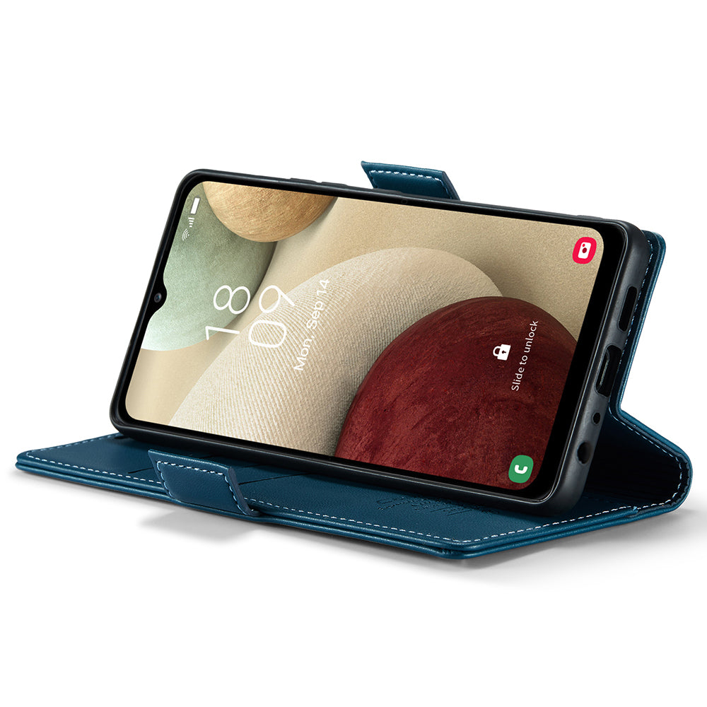 CASEME 023 Series For Samsung Galaxy A12 RFID Blocking Wallet Phone Case Side Clasp Leather Stand Cover