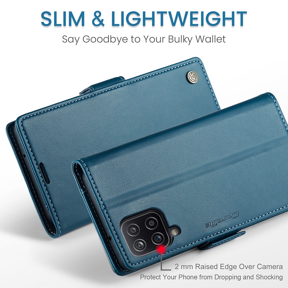 CASEME 023 Series For Samsung Galaxy A12 RFID Blocking Wallet Phone Case Side Clasp Leather Stand Cover