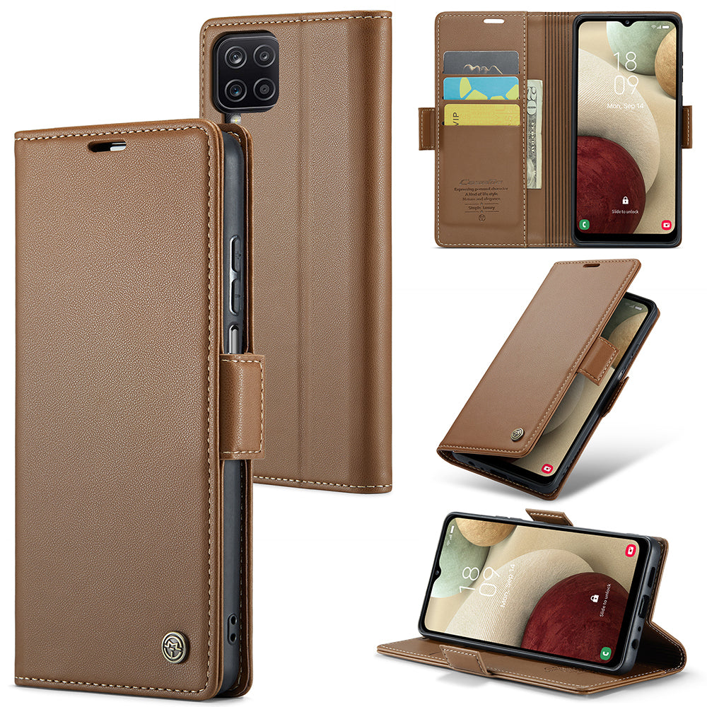 CASEME 023 Series For Samsung Galaxy A12 RFID Blocking Wallet Phone Case Side Clasp Leather Stand Cover