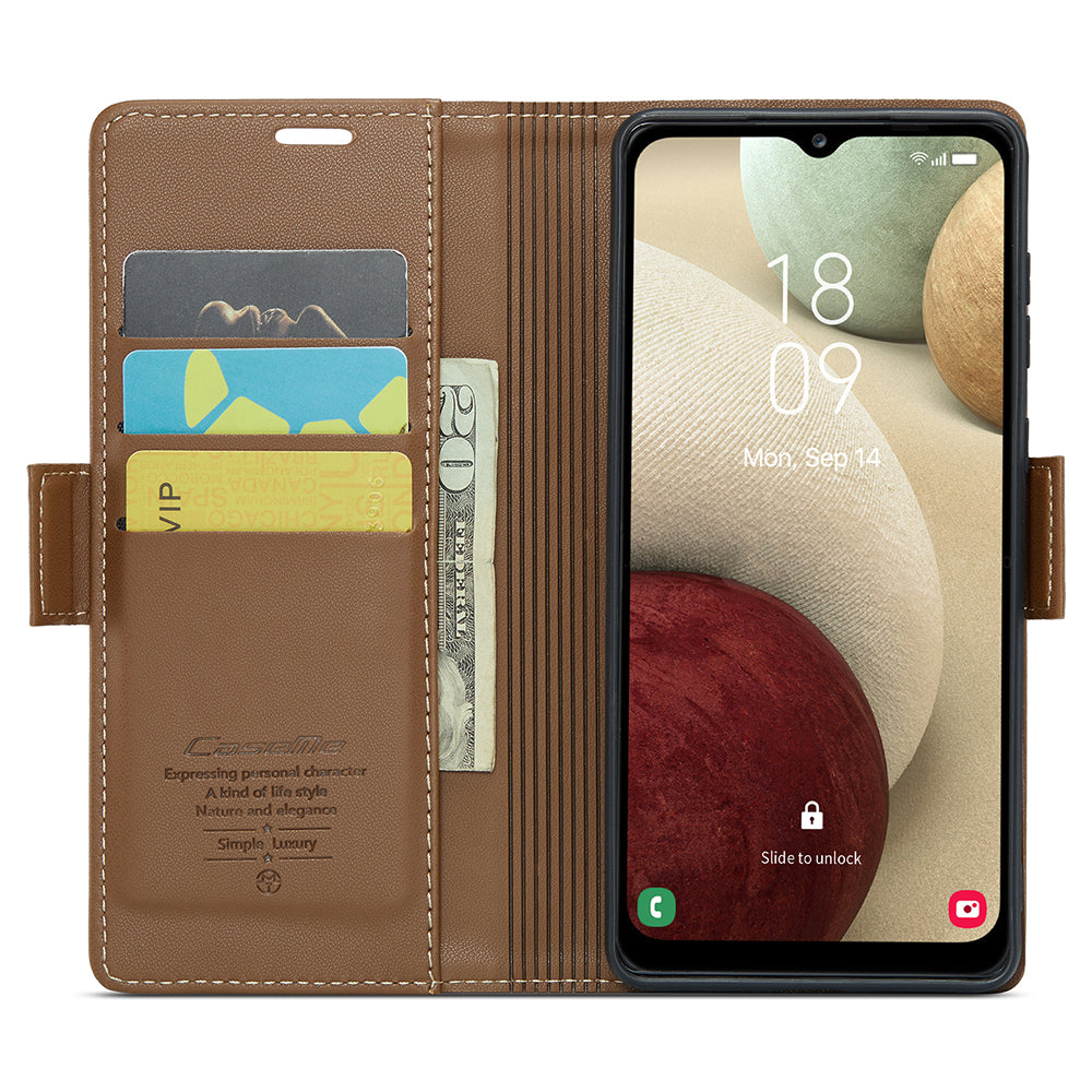 CASEME 023 Series For Samsung Galaxy A12 RFID Blocking Wallet Phone Case Side Clasp Leather Stand Cover