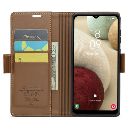 CASEME 023 Series For Samsung Galaxy A12 RFID Blocking Wallet Phone Case Side Clasp Leather Stand Cover