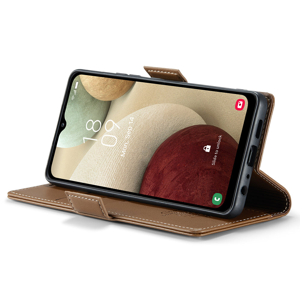 CASEME 023 Series For Samsung Galaxy A12 RFID Blocking Wallet Phone Case Side Clasp Leather Stand Cover