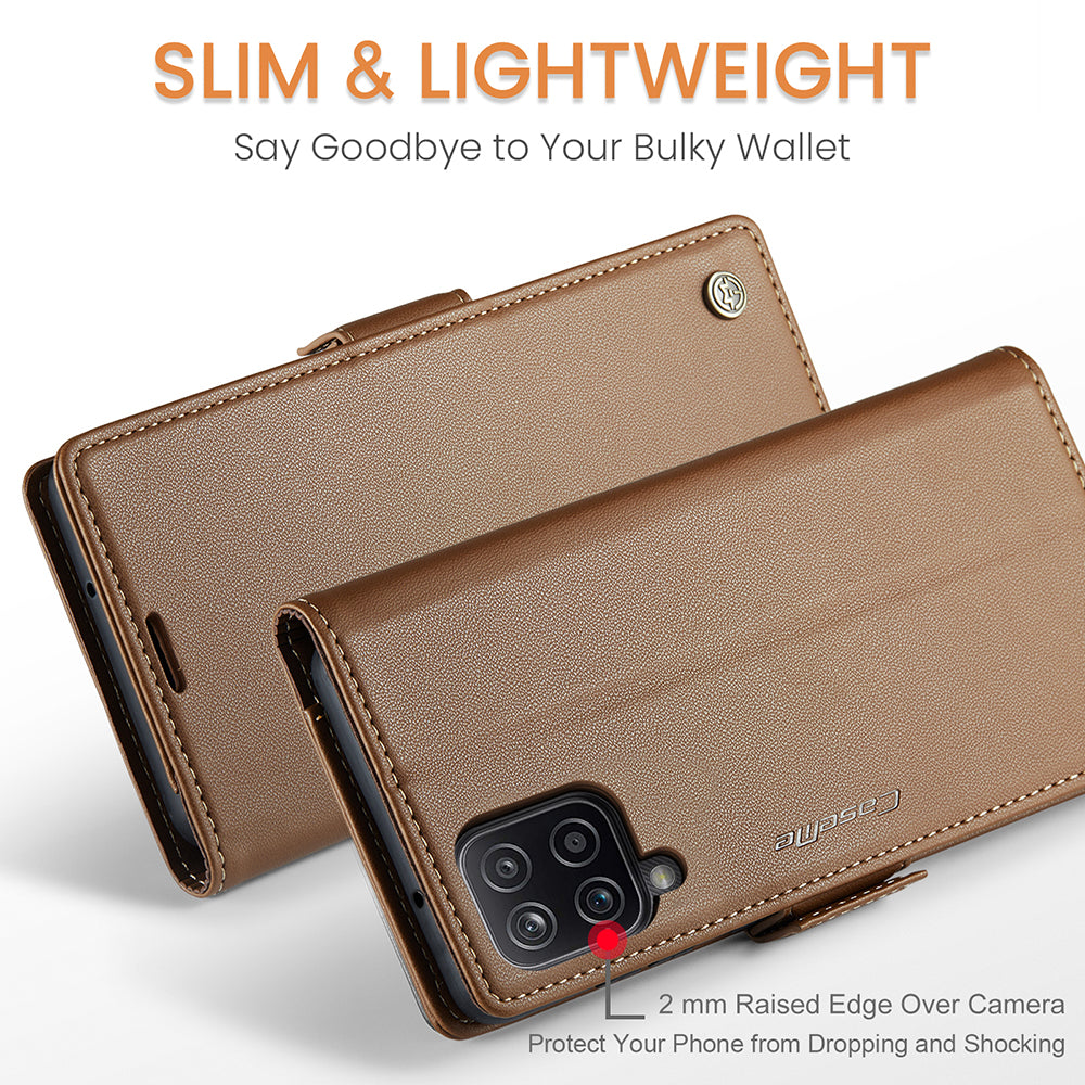 CASEME 023 Series For Samsung Galaxy A12 RFID Blocking Wallet Phone Case Side Clasp Leather Stand Cover